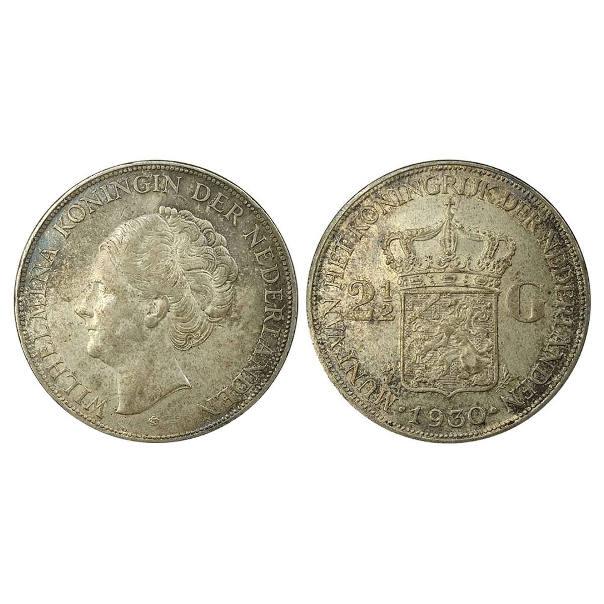 Netherlands, 2½ Gulden, 1930, Silver 25 gms. Obv: Bust of Queen Wilhelmina and legend. Rev