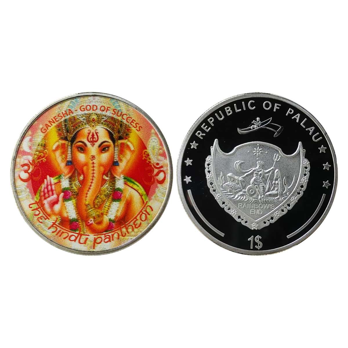 Palau, Lord Ganesha, 1 Dollar, Silver plated on Cupro Nickel, Obv. Coloured Ganesha with l