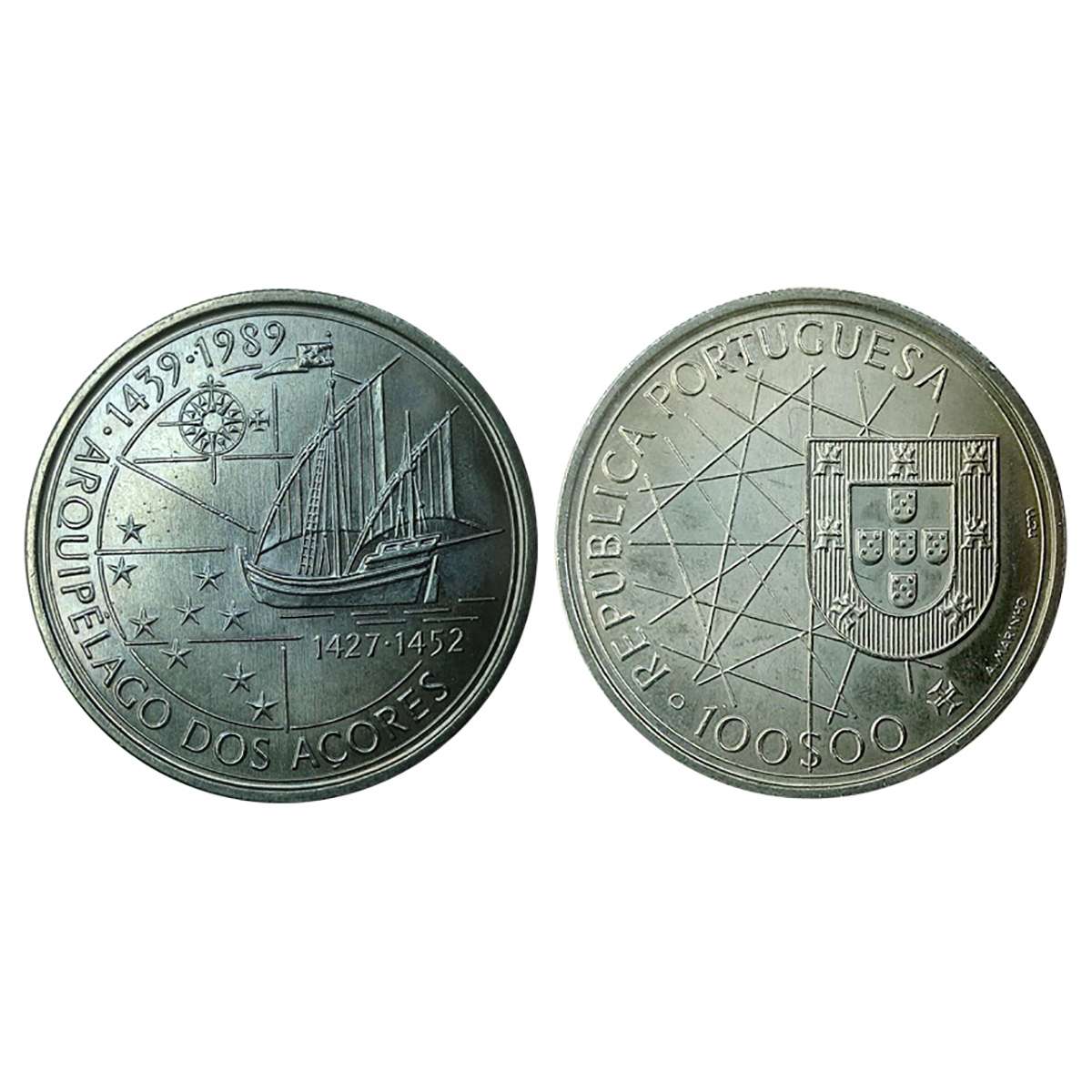 Cupro - Nickel, Portugal, 100 escudos, 1989, CuNi. Commemorating Discovery of Azores. Obv.