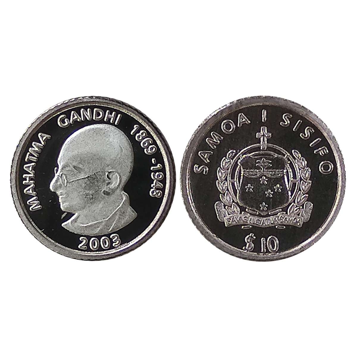 Samoa Sisifo, OMS issue, Silver, 1.1g., 10 Dollars 2003, Mahatma Gandhi, Proof, Struck fro