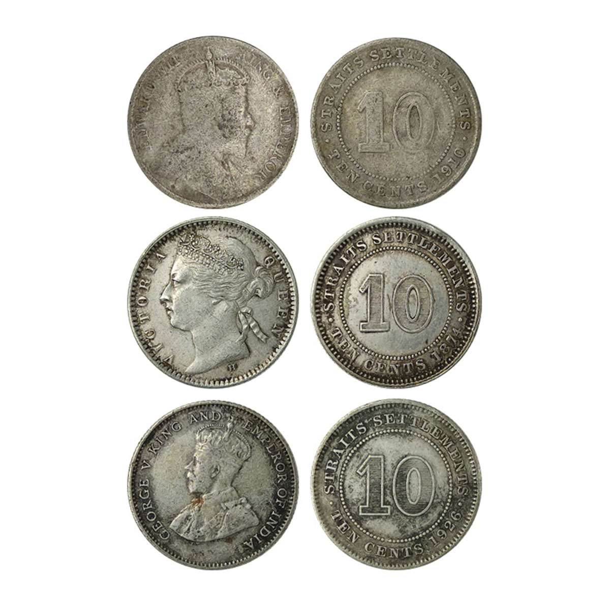 Silver, Straits Settlements, Set of 3: 10 Cents of Victoria, Edward VII and George V. Very