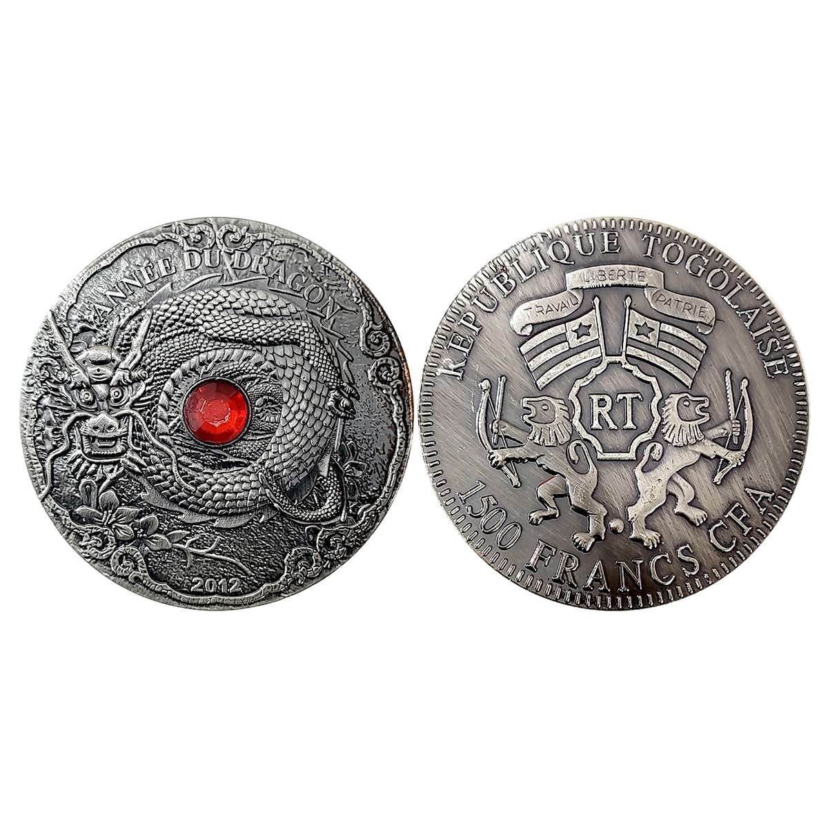 Togolaise, 1500 Francs, Silver, 2012, commemorative coin of Annee Du Dragon, with a red ru