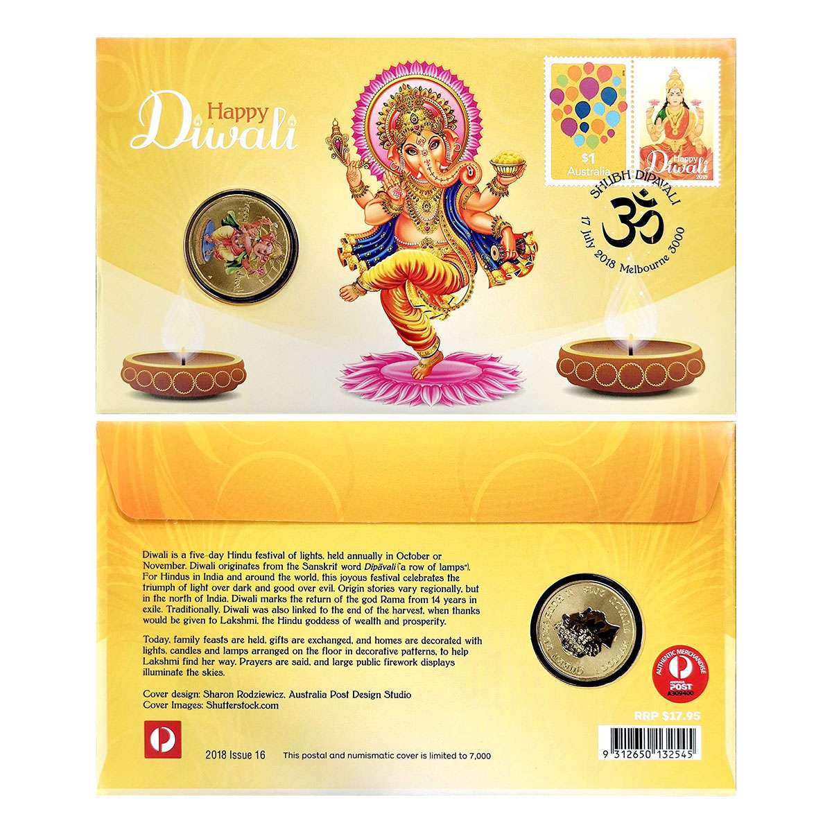 Tuvalu, 1 Dollar, Gold plated on Copper and enamel, Obv. Coloured Ganesha dancing with leg
