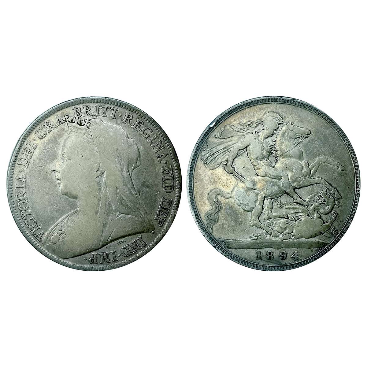 United Kingdom, 1 Crown, Victoria Veiled Head, 1894. Silver 27.9 gms. Obv: 3/4th Bust of V