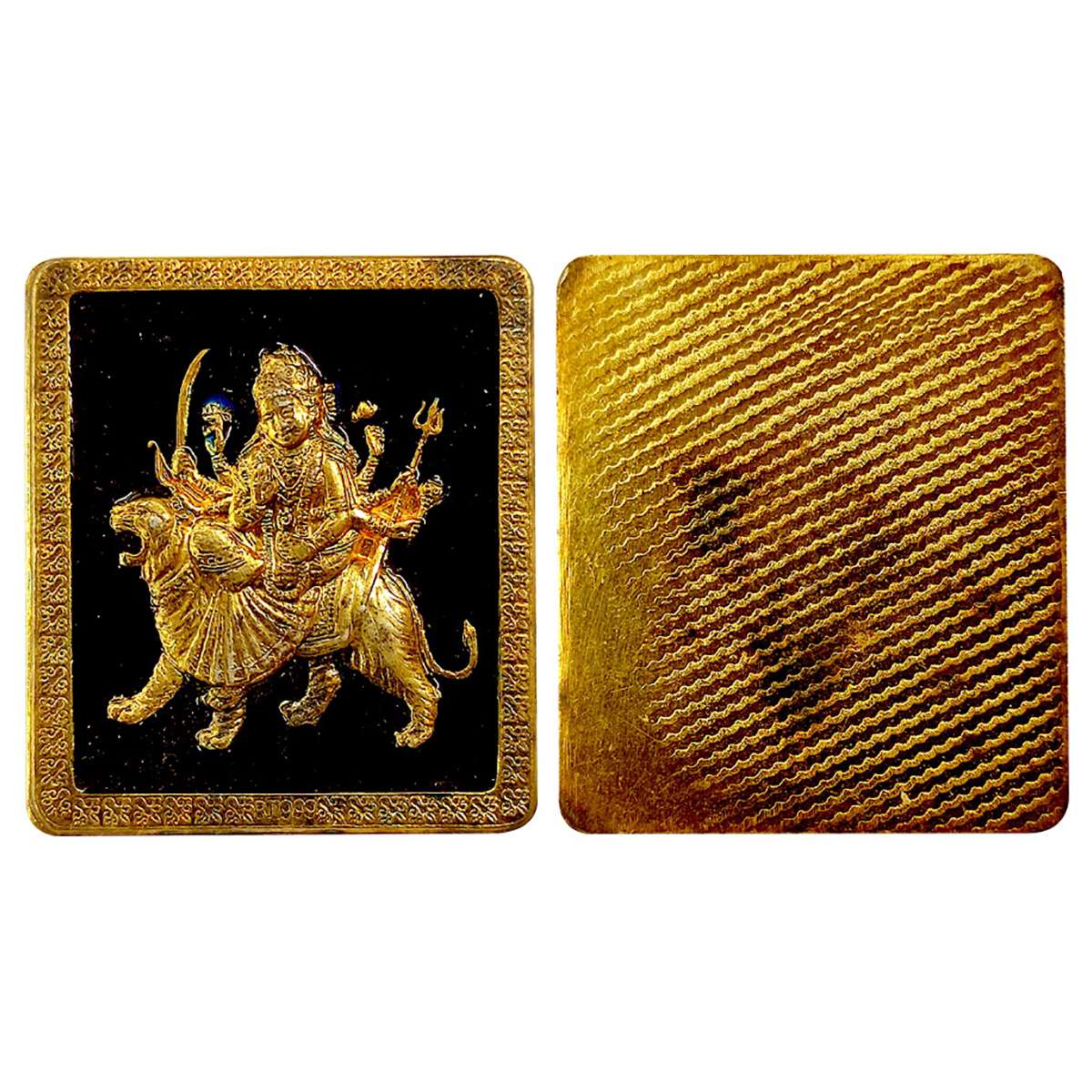 Mata Vishno Devi, Gold plated on silver and blue enamel. Ounce weight, 31.2 g. Old and bea