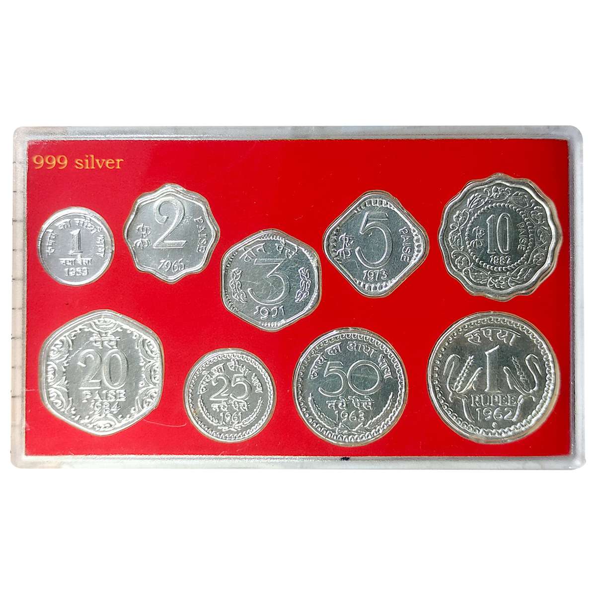A set of Republic India coins struck in silver. Less than 5 g. 1 Pice, 2 Paisa, 3 Paisa, 5
