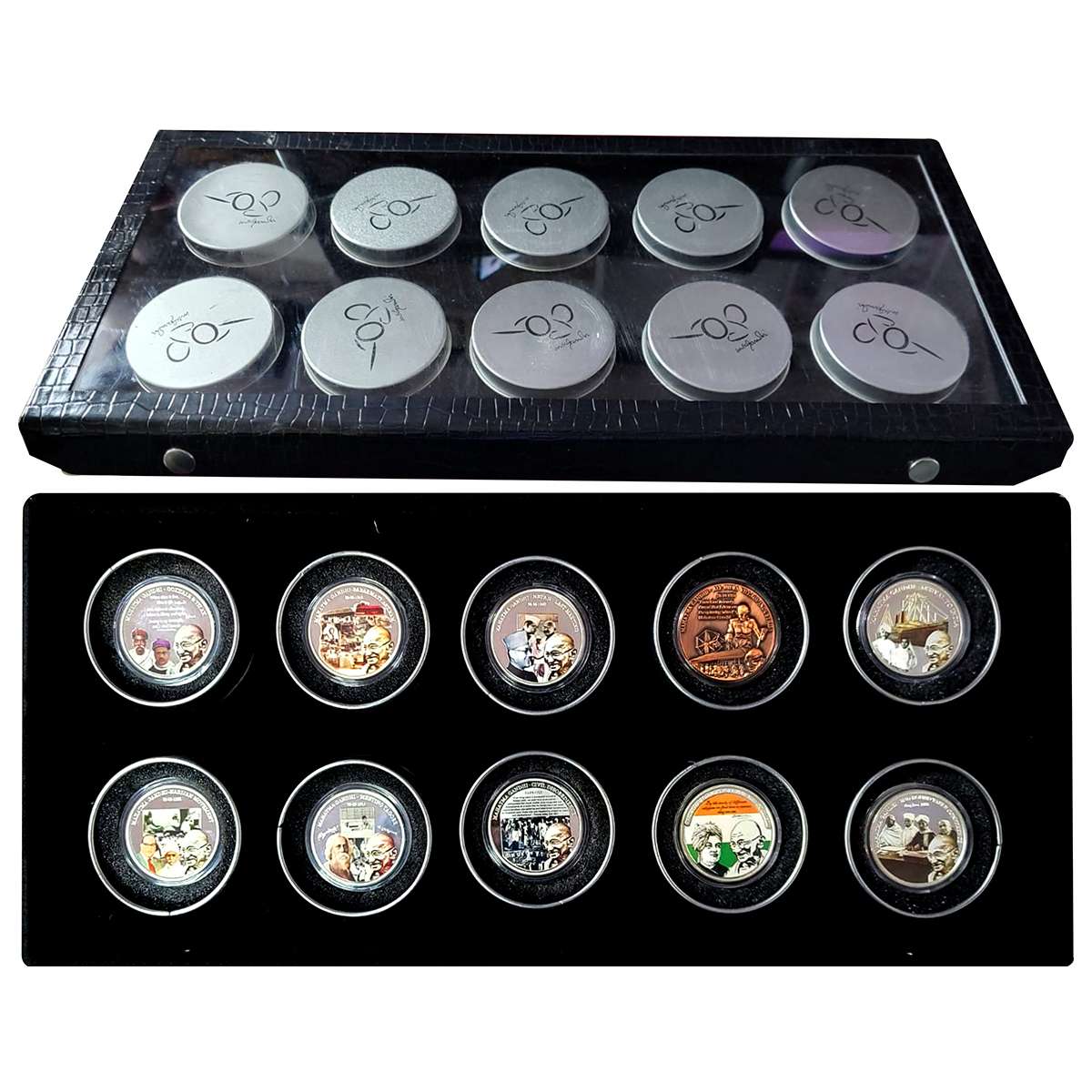 Cupro - Nickel, Set of 10 Coloured Tokens of Mahatma Gandhi depicting 10 different life ev