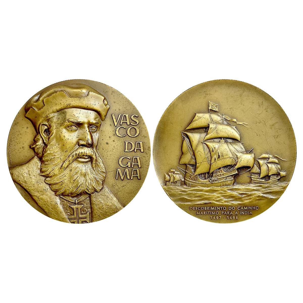 Indo Portuguese, Vasco Da Gama, Bronze Medal, 215 gm, Obv: Portrait of the navigator and l