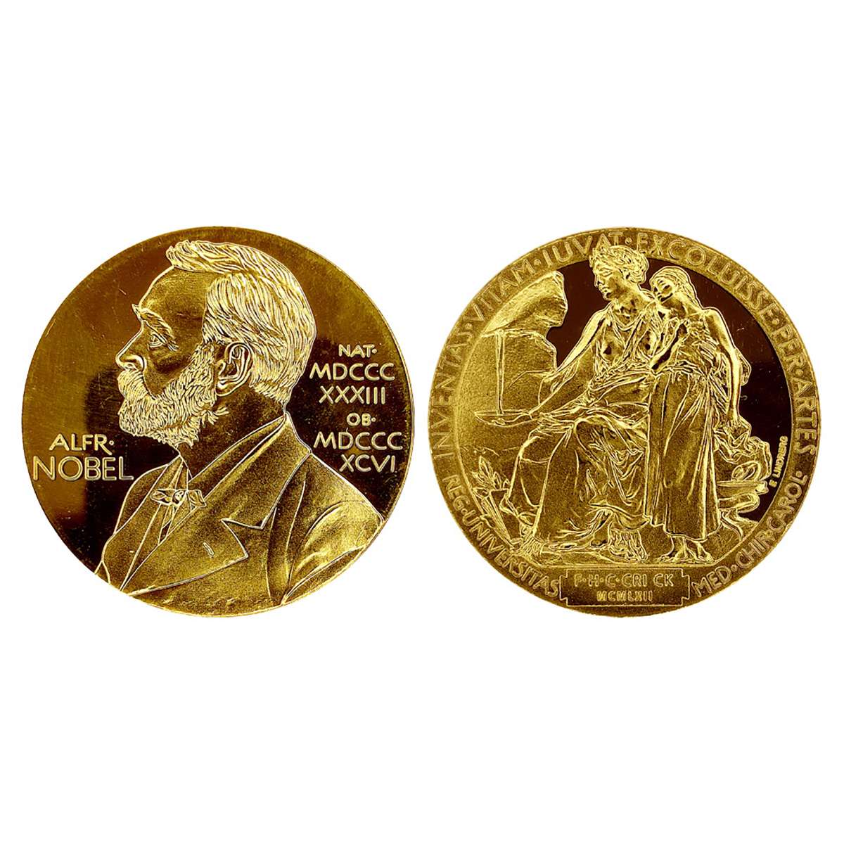 Nobel Prize Medal, Restrike, Gold plated on Copper. 1962 Nobel prize awarded to Dr H.F.C. 