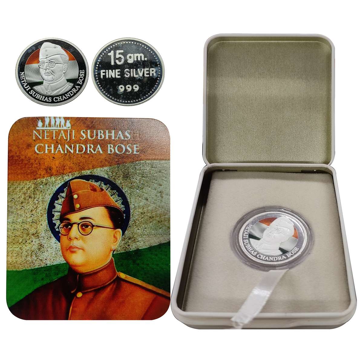 Netaji Subhas Chandra Bose Medal. Silver and Colour, 15g. In original box of issue. UNC. R
