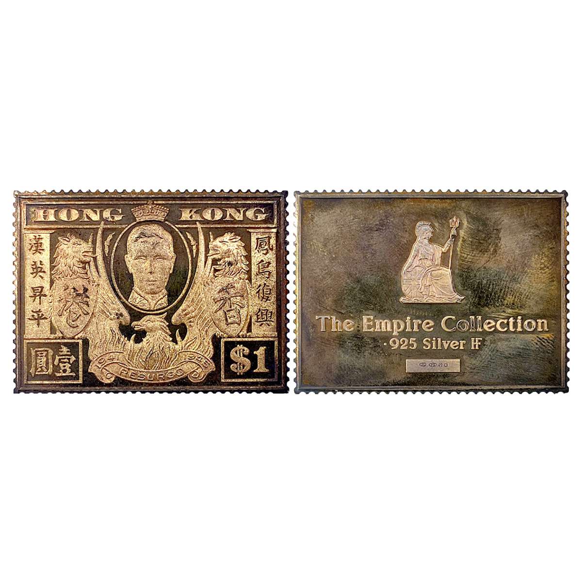 British India Post, Gold Gilt Silver Stamp Ingot, Hong Kong, George VI, One dollar, 28 g. 