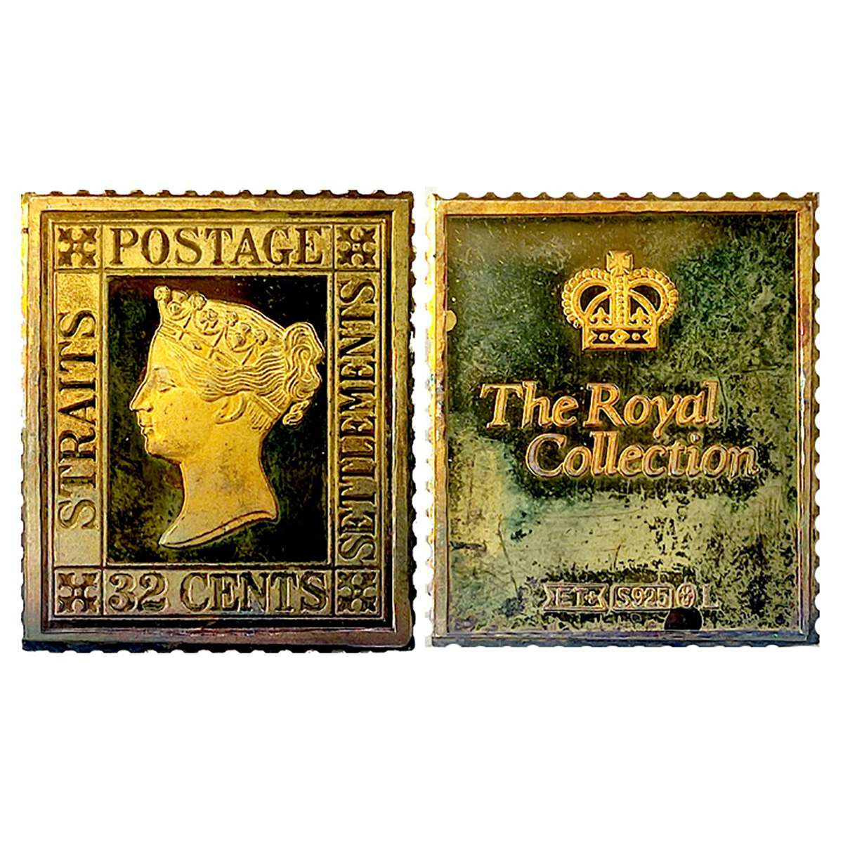 British India Post, Gold Gilt Silver Stamp Ingot, Straits Settlement, 32 Cents, Victoria Q
