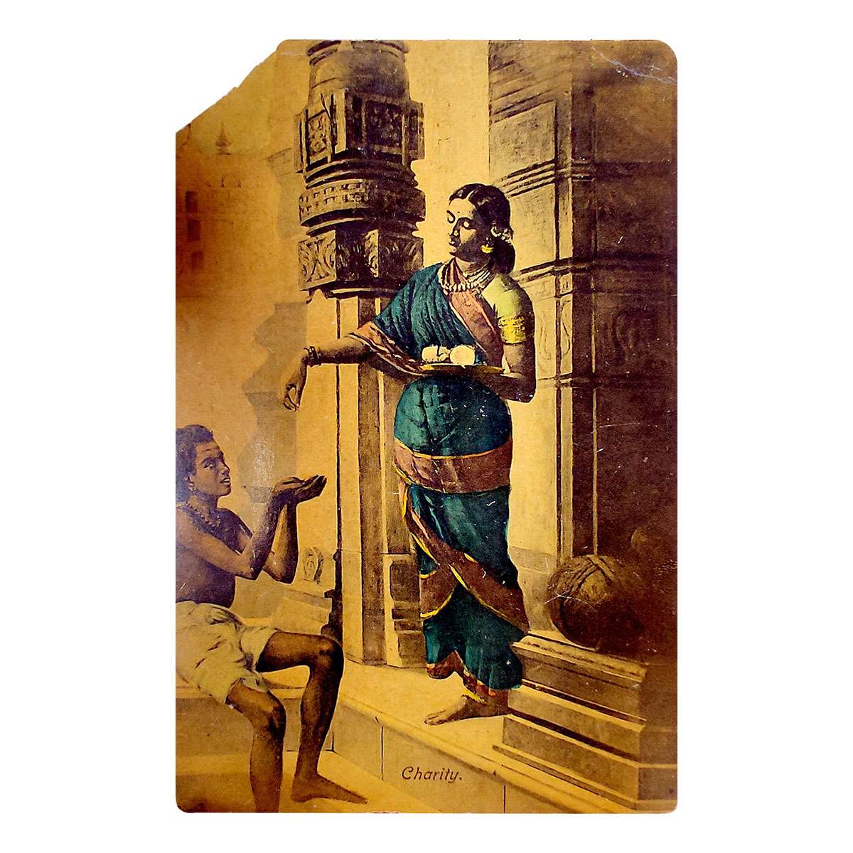 Paper, Charity depicted on a Postcard of Raja Ravi Varma, c. 1900s; a devout Madrasi lady 