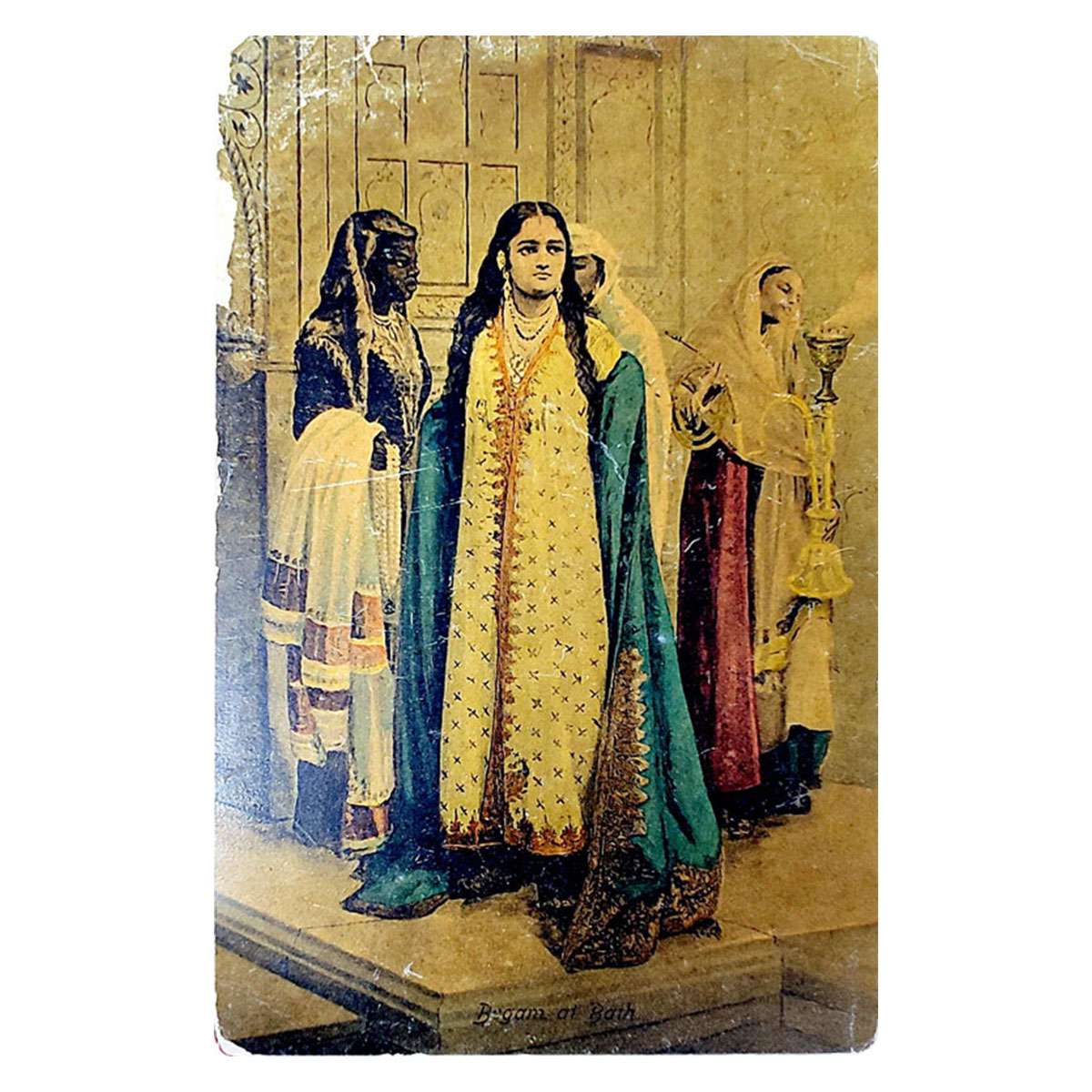 Paper, Begum at Bath scene depicted on a Postcard of Raja Ravi Varma, c. 1900s; a Mahomeda