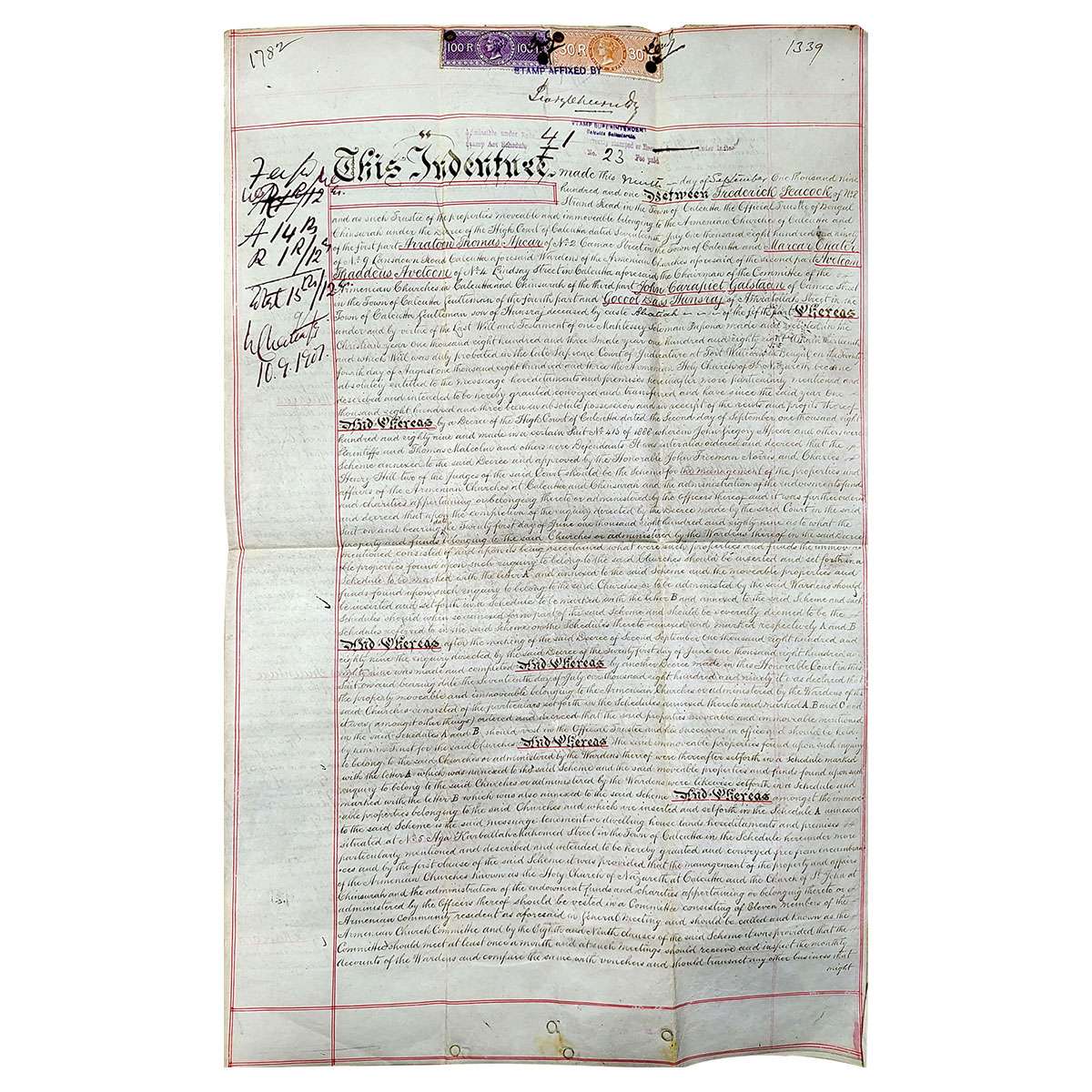 Leather Parchment Document dated 9 Sept 1901, Paper, 330 x 530 mm, the Stamp paper is cons