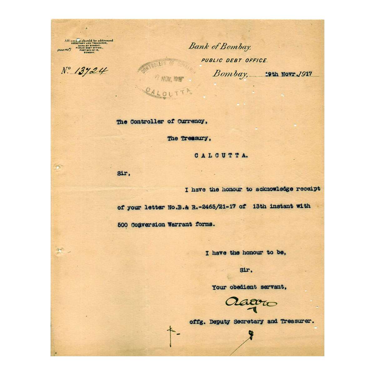 Letter of Bank of Bombay, Public Debt Office, dated 19 Nov 1917, paper. Addressed to the C