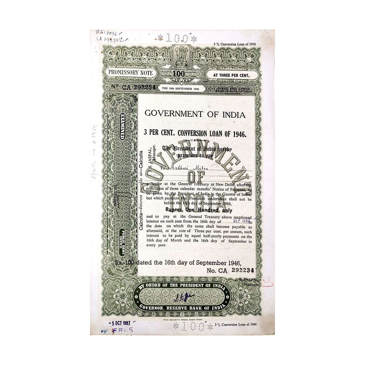 Paper, 100 Rupees Promissory Note of Govt of India with the stamped signature of LK Jha, t