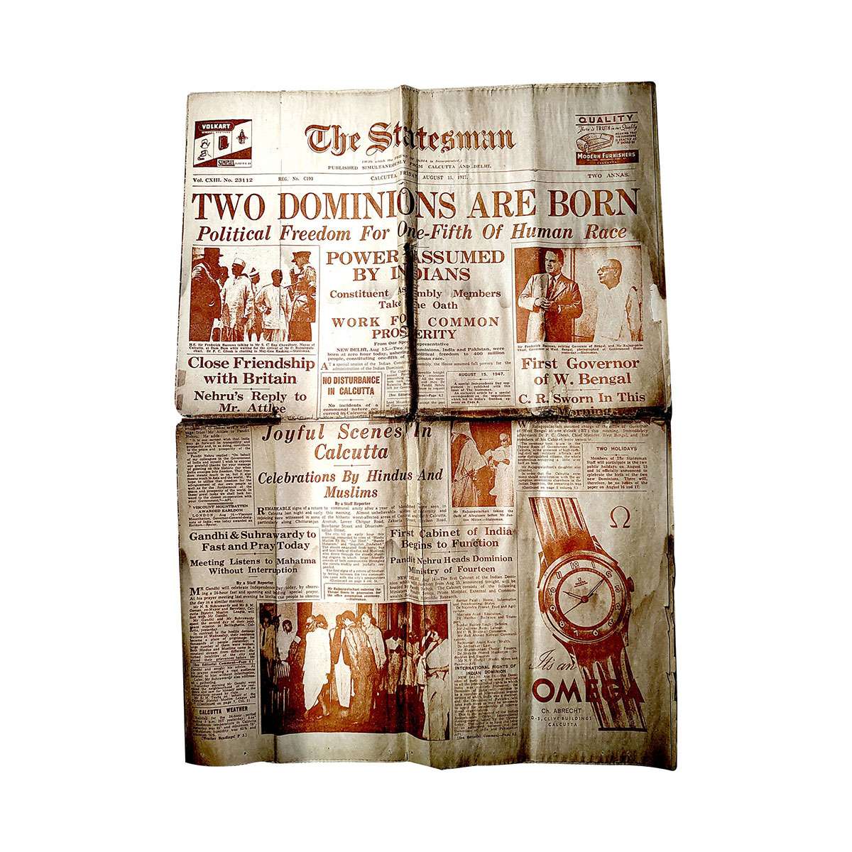 Newspaper of 1947, paper, complete Newspaper of The Statesman dated 15th August 1947, prin