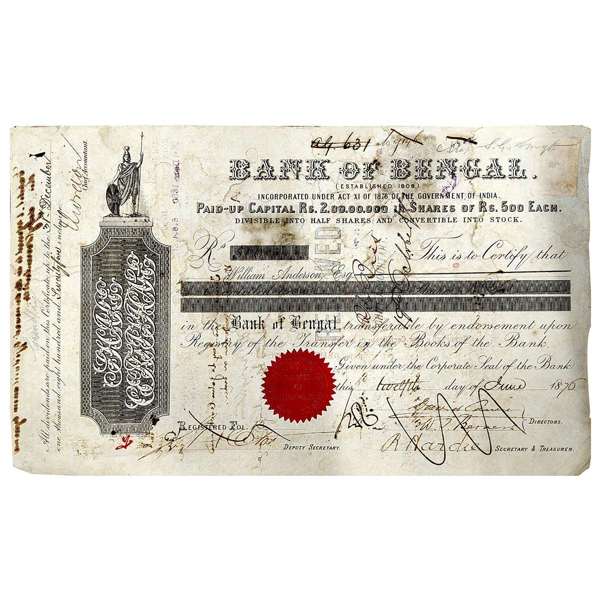 Paper, Bank of Bengal, one share of 500 Rupees, 12 June 1876 (dated on the front side). Wi