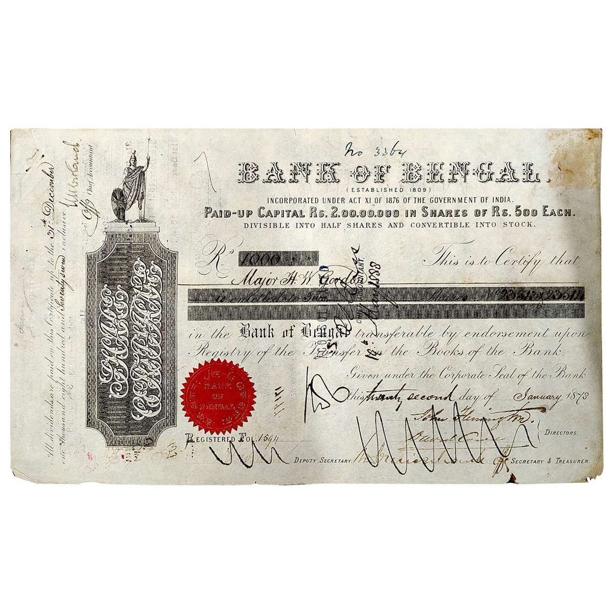 Paper, Bank of Bengal, one share of 1000 Rupees, 22 January 1878 (dated on the front side)