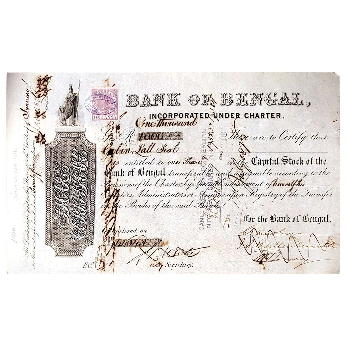 Paper, Bank of Bengal, one share of 1000 Government Rupees, January 1875 ( dated on the fr