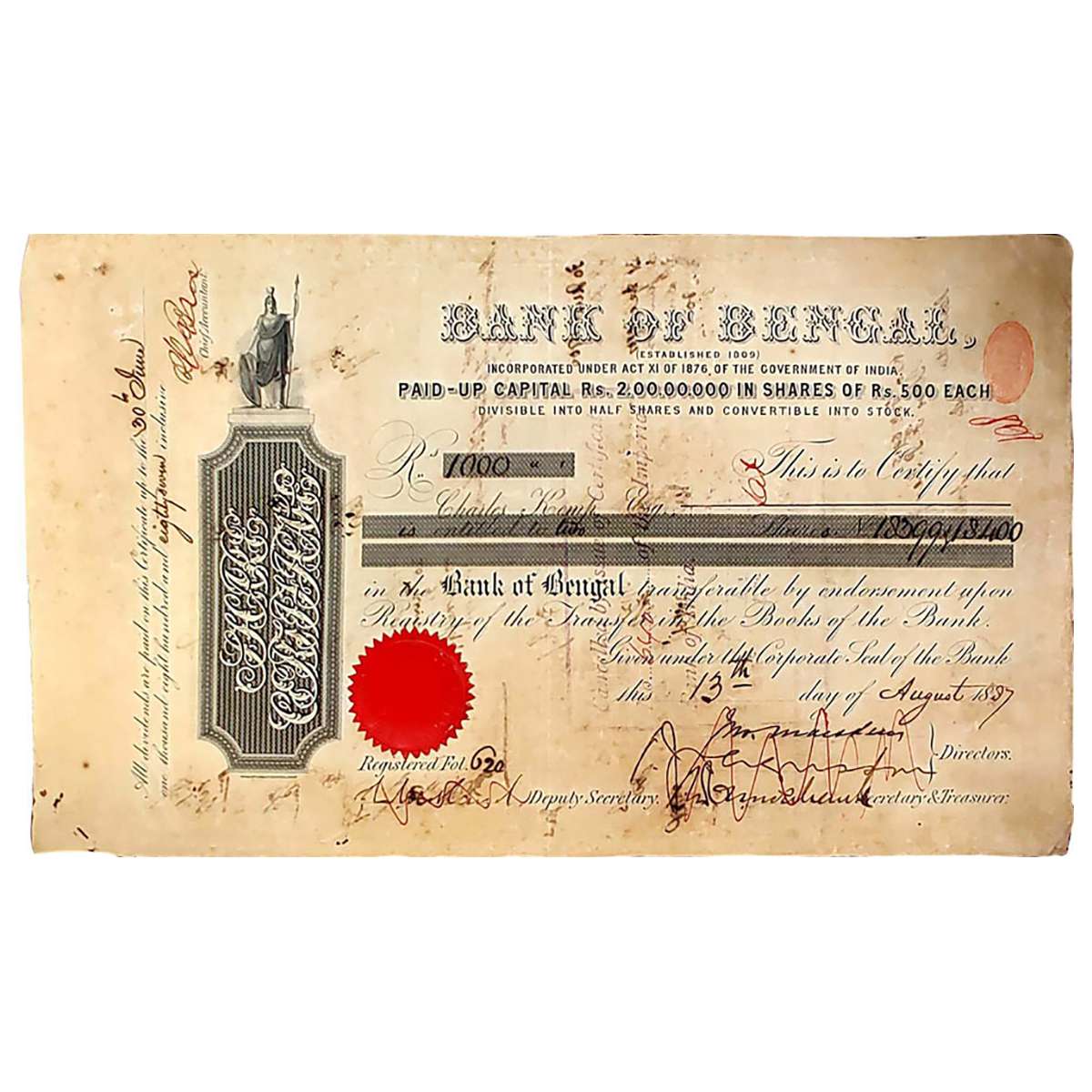 Paper, Bank of Bengal, one share of 1000 Rupees, June 1887 ( dated on the front side). pri