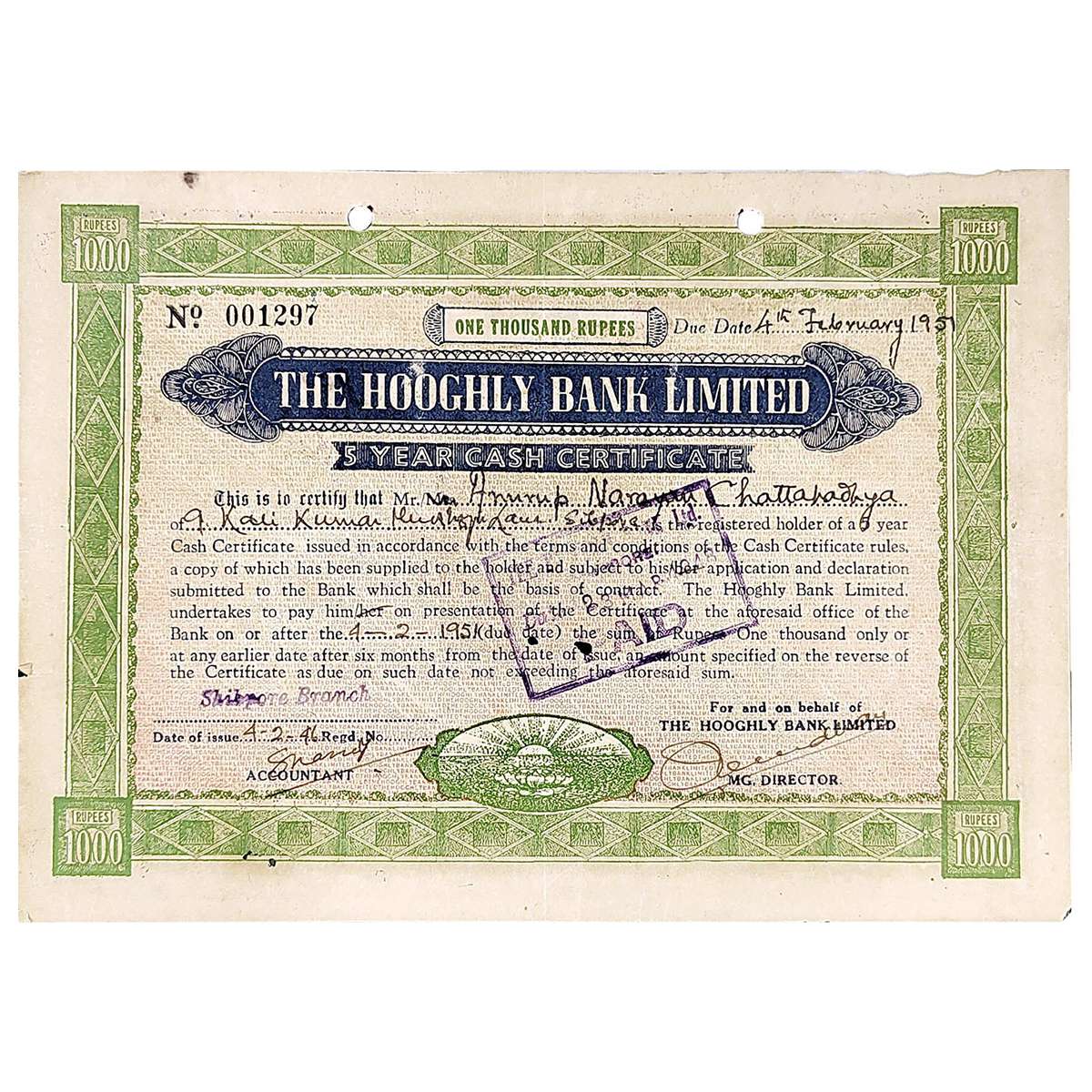 Paper, The Hooghly Bank Limited, Cash Certificate of Rs 1000/-, 1946. VF. Rare bank and de