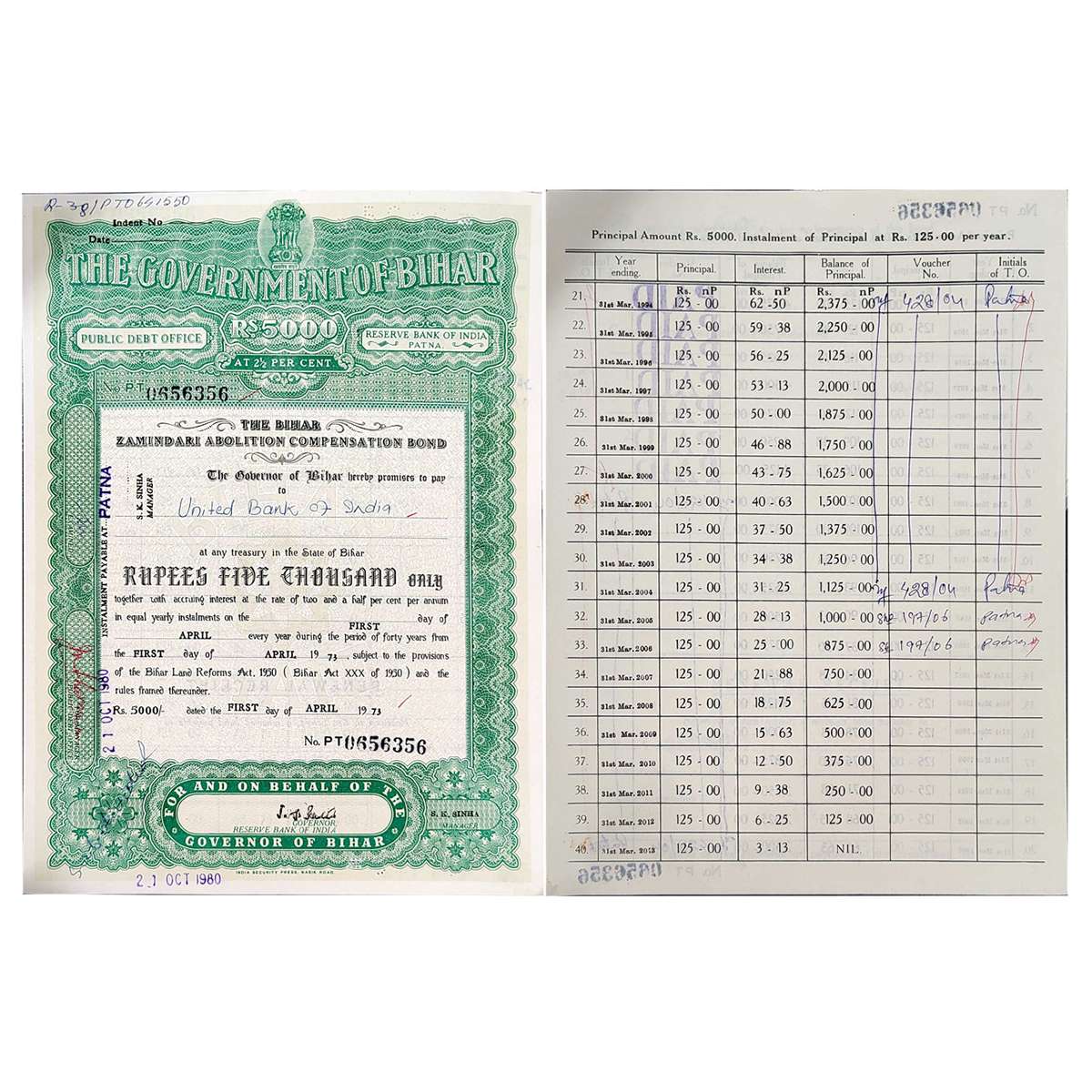 Paper, Reserve Bank of India, Bond Certificates (Zamindari Abolition Compensation Bond) of