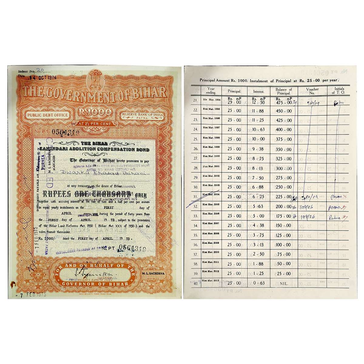 Paper, Reserve Bank of India, Bond Certificates (Zamindari Abolition Compensation Bond) of