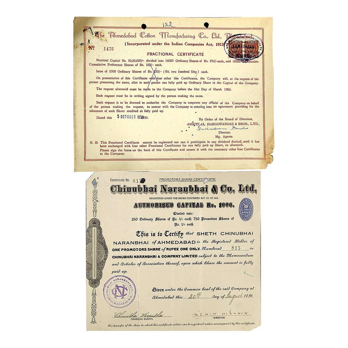 Paper, Chinnubhai Nanubhai & Co. Ltd. (1931) and Ahmedabad Cottom Mfg. Co. Ltd. (1959), th
