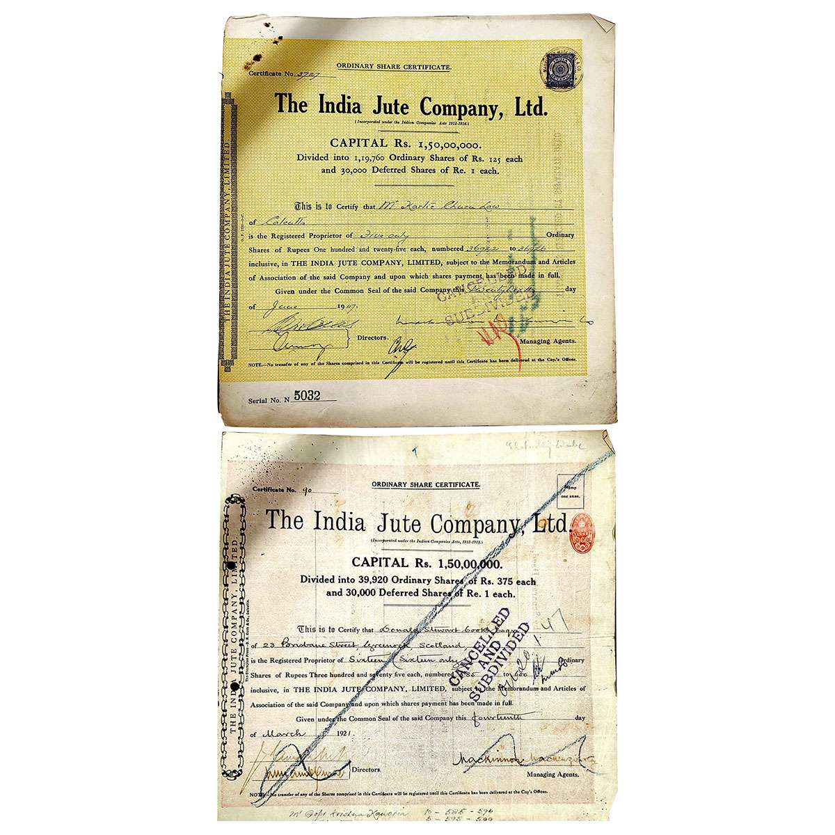 Paper, India Jute Co. Ltd. (1921 AND 1947 ) TWO different varieties. Extremely Fine. (2) .