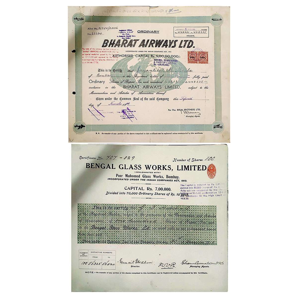 Paper, Bengal Glass Workd Ltd. (1919) and Bharat Airways Ltd. (the airlinje company starte