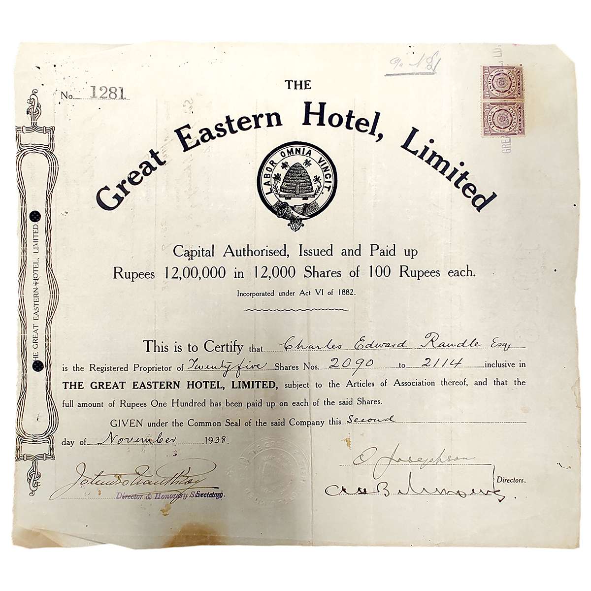 Paper, British India Period- Great Eastern Hotel Limited, 1938. This company owned the Gra