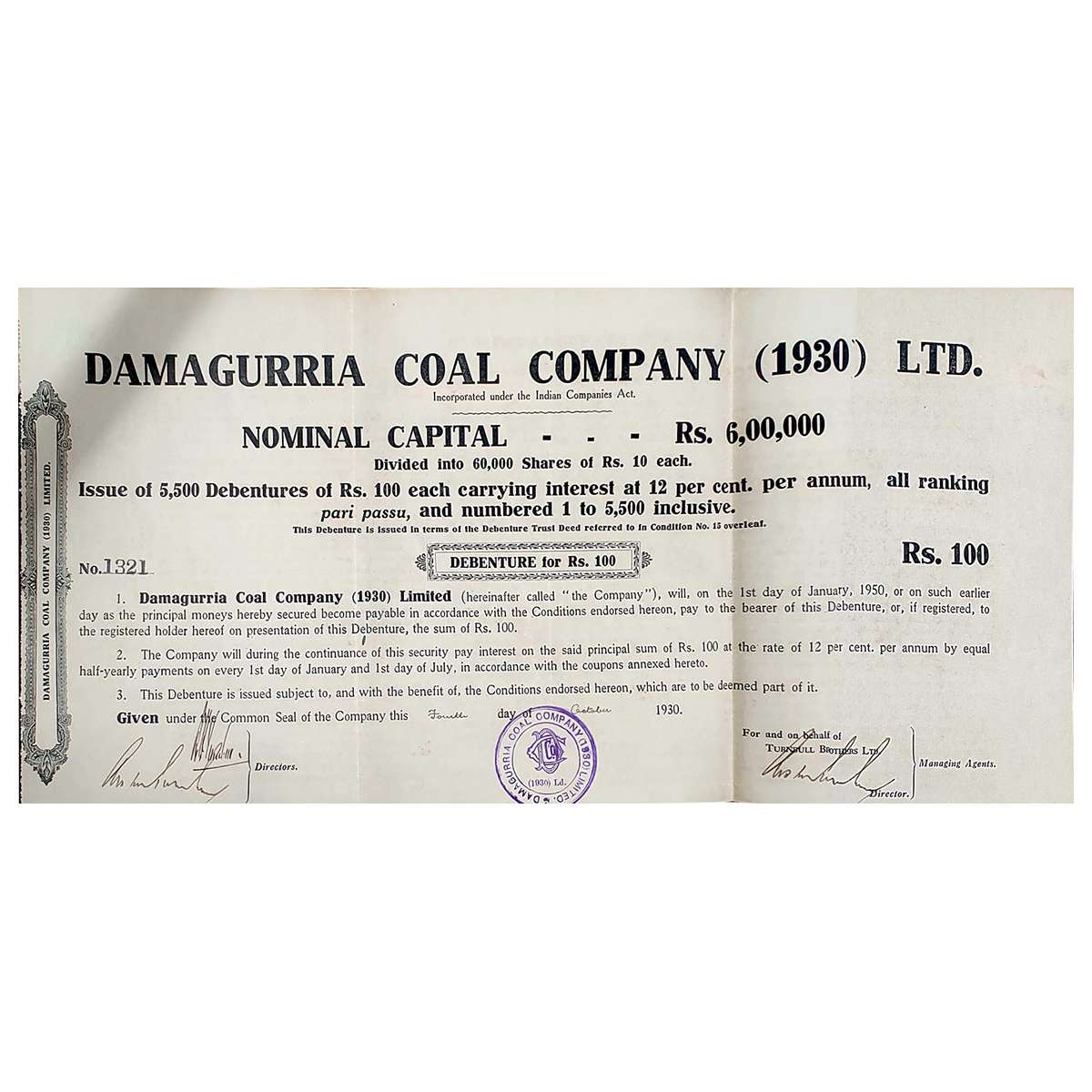 Paper, Damagurria Coal Co. Ltd. (1930). Very large certificate. Extremely Fine. ...