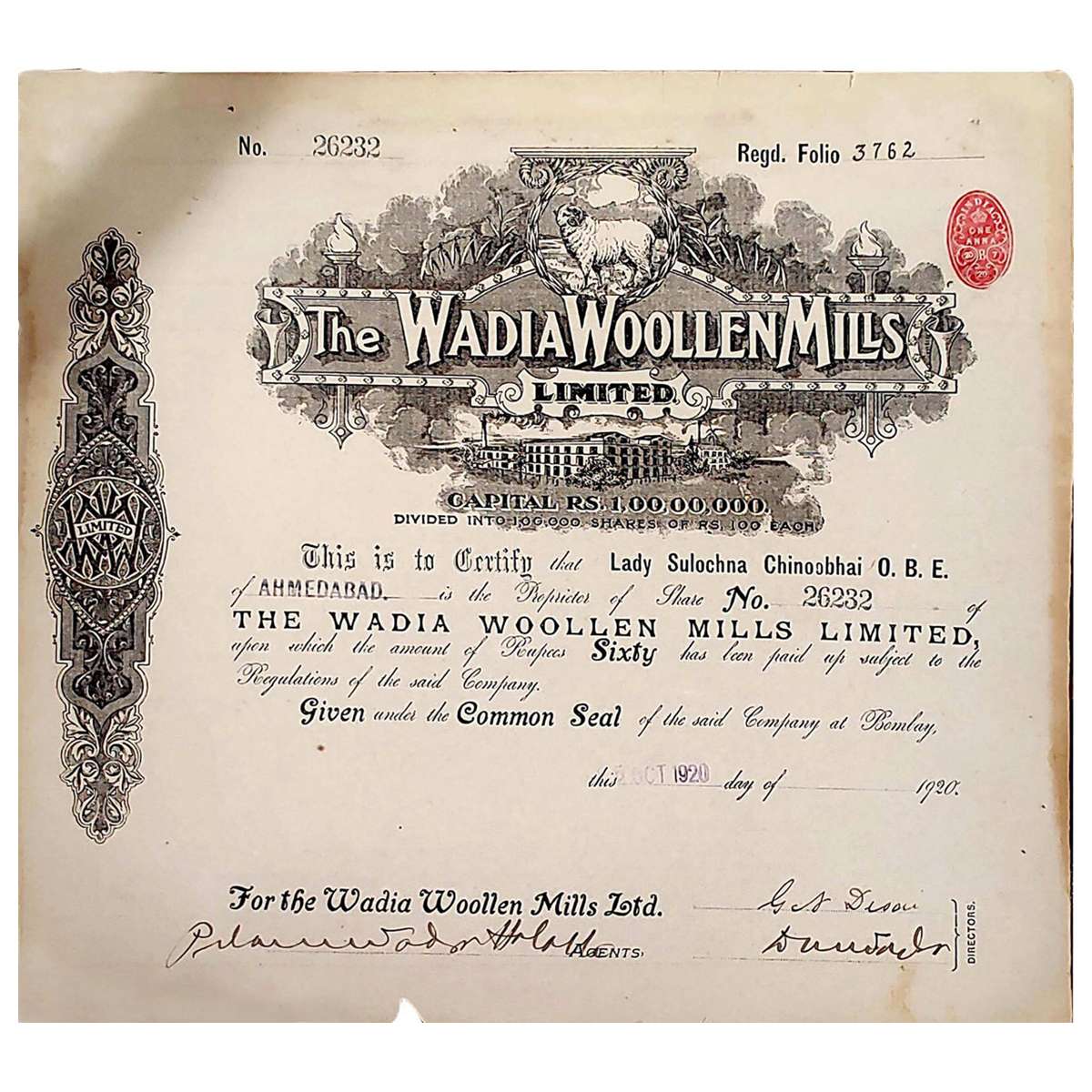 Paper, Wadia Woolen Mills ltd. (1920). In the name of Lady Sulochana Chinoobhai, O.B.E., a