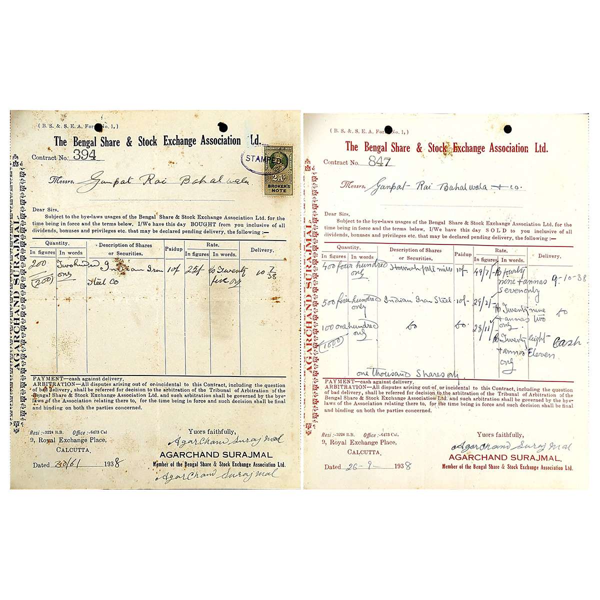 Paper, British India Period- Brokers Note for The Bengal Share and Stock Exchange Associat