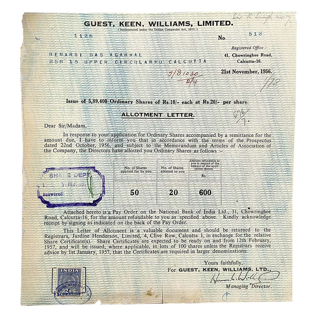 Paper, Guest Kleen Williams Ltd. Allotment Letter for 50 shares. Rare....