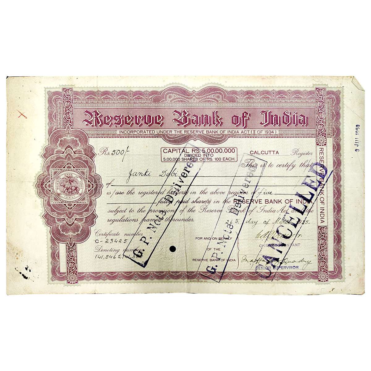 Paper, Share Certificate of Reserve Bank of India, dated 26 March 1935, for Rs. 500 and is