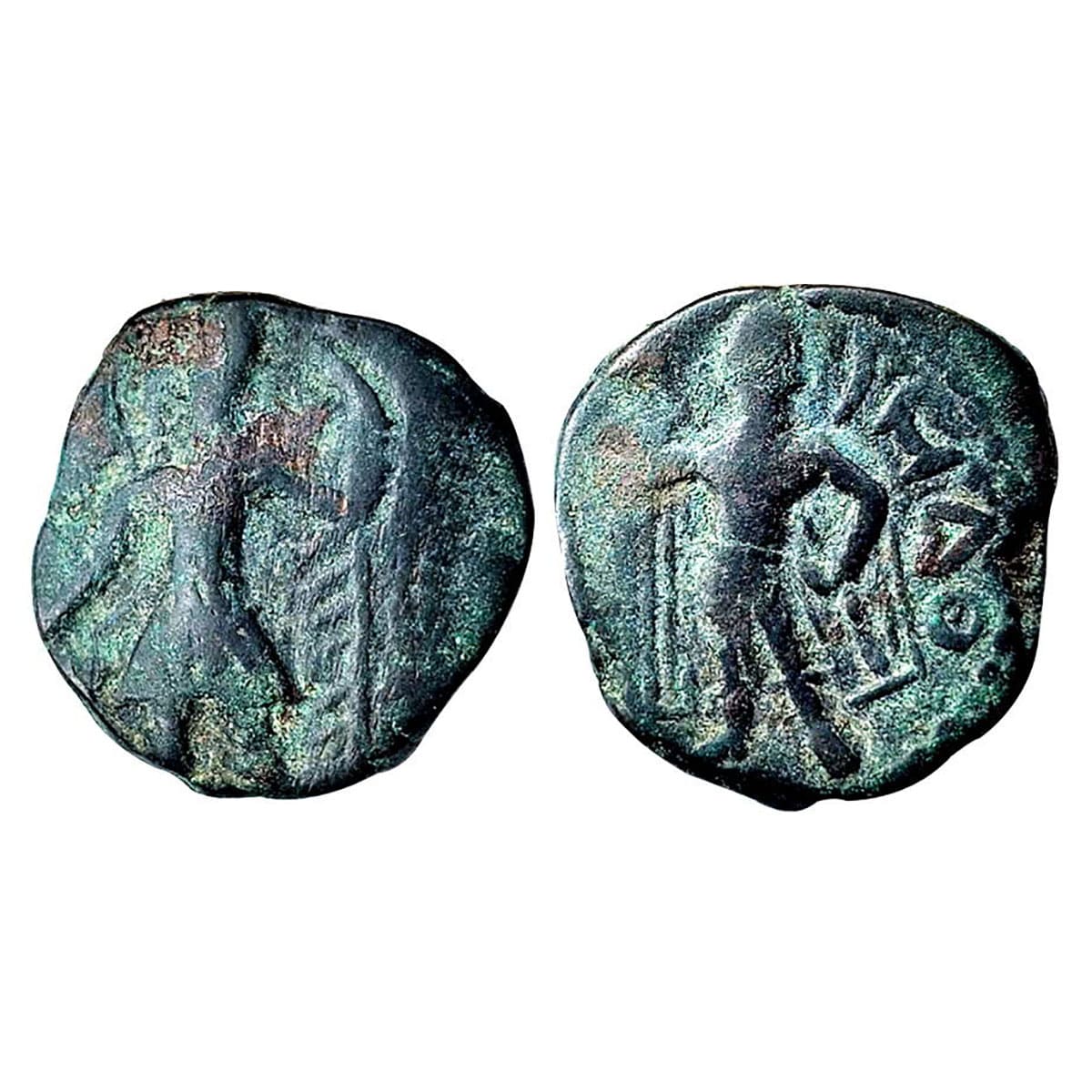 Kushanas, Kanishka I, Copper, 4.45 g, MAO type, king standing to left on obv, God MAO stan