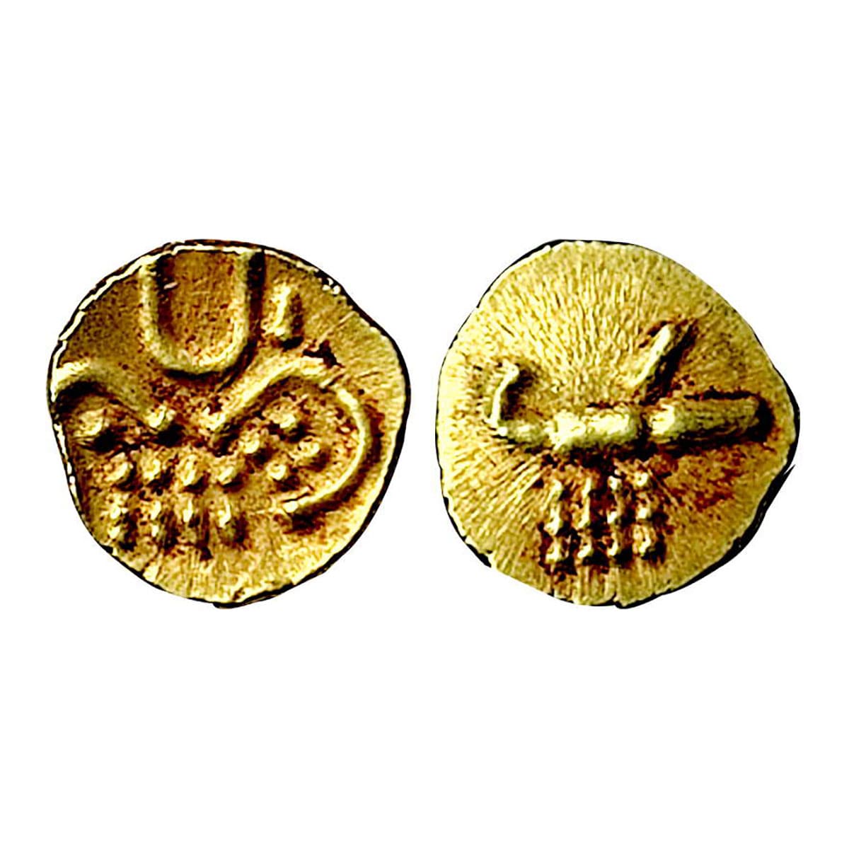 Vira Raya, Coorg, Gold Fanam, 0.39 g, obv. stylized lion standing right with crescent abov