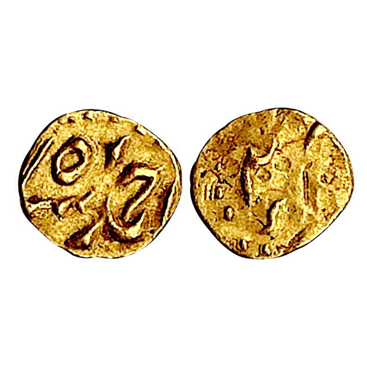 Ahmed Shah, ½ Fanam, Kharpa mint, Gold, 0.18 g, Ahmed Shah on obv, Kharpa on rev. About Ex