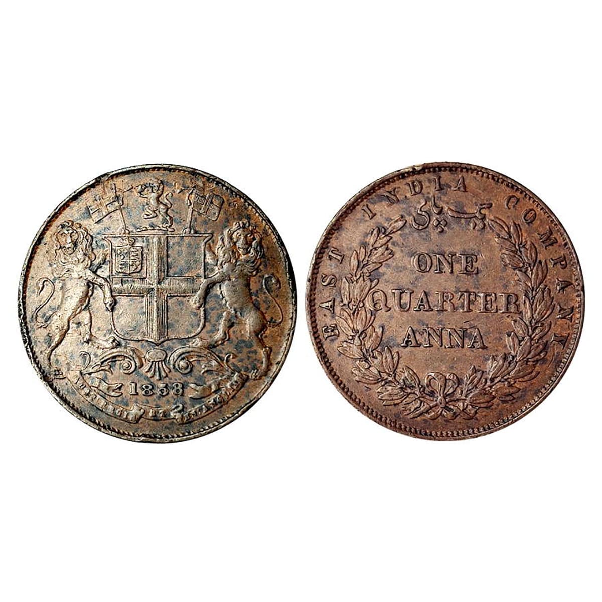 Victoria Queen, Copper, ¼ Anna, 1858, Double Leaf type. Very Fine, Scarce. ...