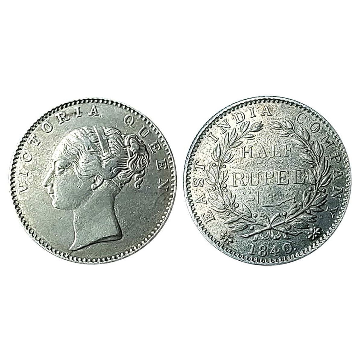 Victoria Queen, Silver, ½ Rupee, 1840, Contineous Legend. Madras Mint (GK# 123). About Ext