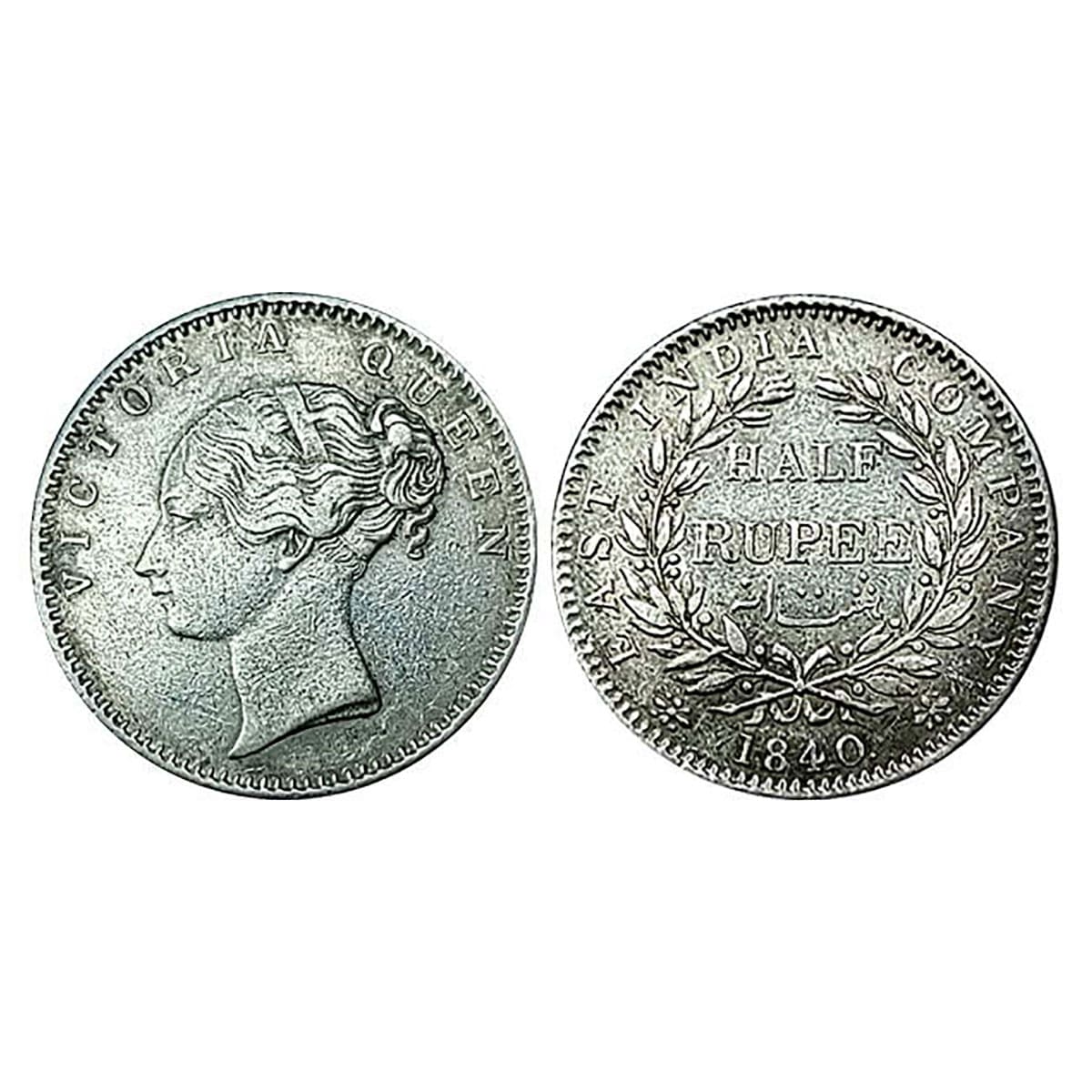 Victoria Queen, Silver, ½ Rupee, 1840, Contineous Legend. About Extremely Fine, Rare. ...