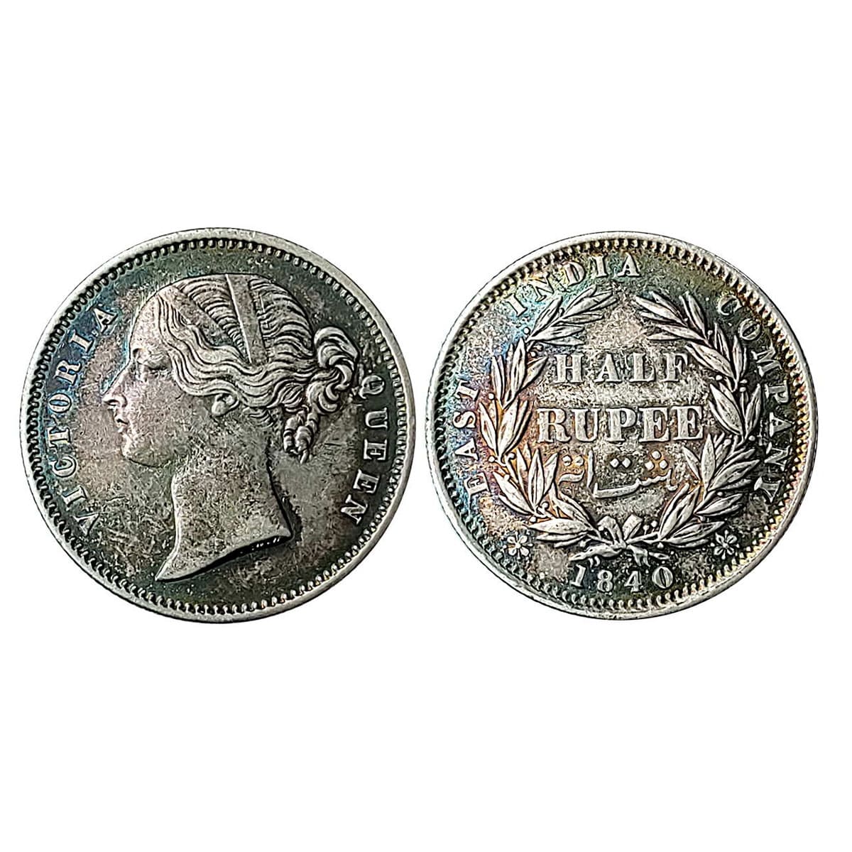 Victoria Queen, Silver, ½ Rupee, 1840, Divided Legend. Rainbow toning and Extremely Fine, 