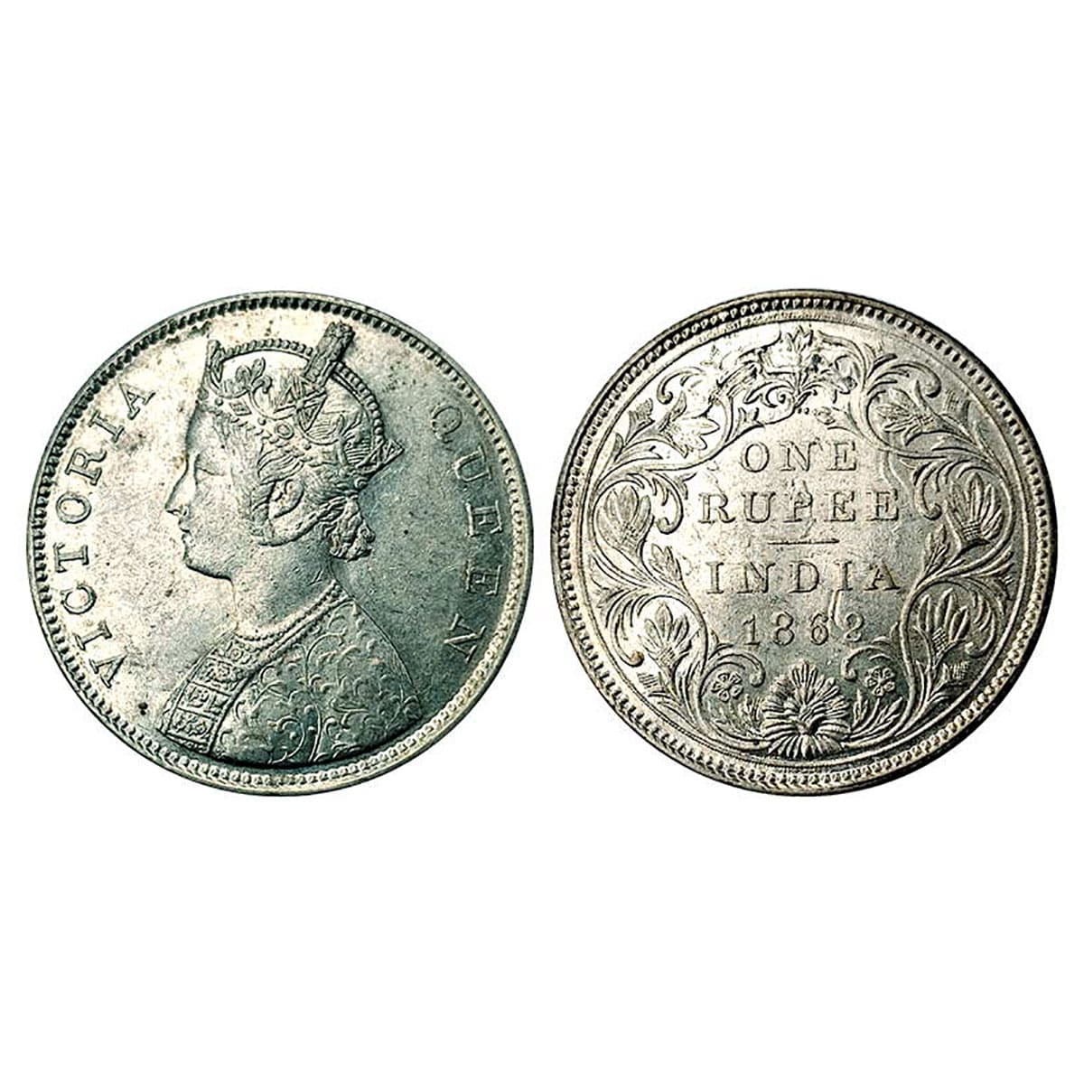 Victoria Queen, Silver, Rupee, 1862, Top 2 Dots on Rev. UNC, Rare. ...