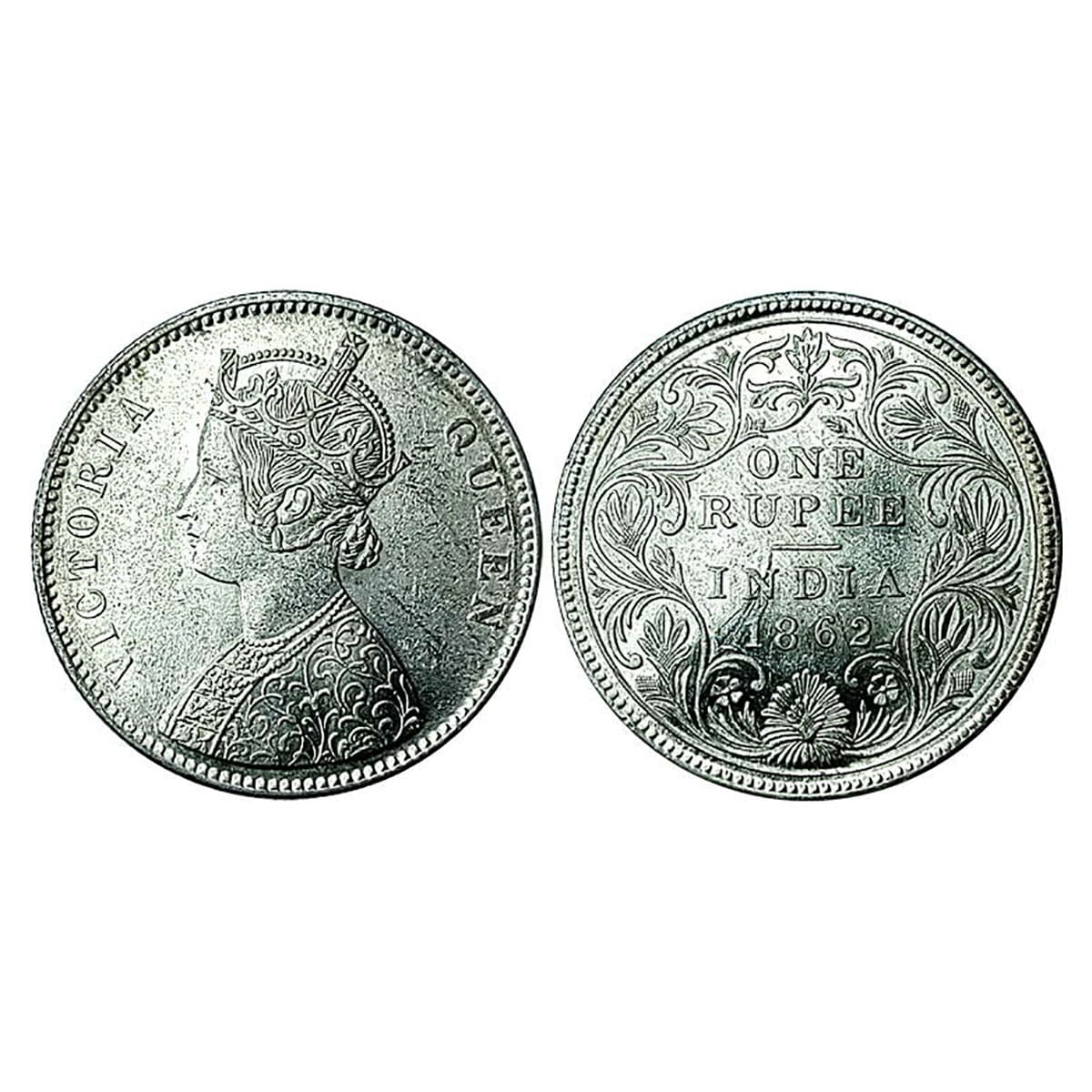 Victoria Queen, Silver, Rupee, 1862, 4 Pinepples type. About UNC, Rare. ...