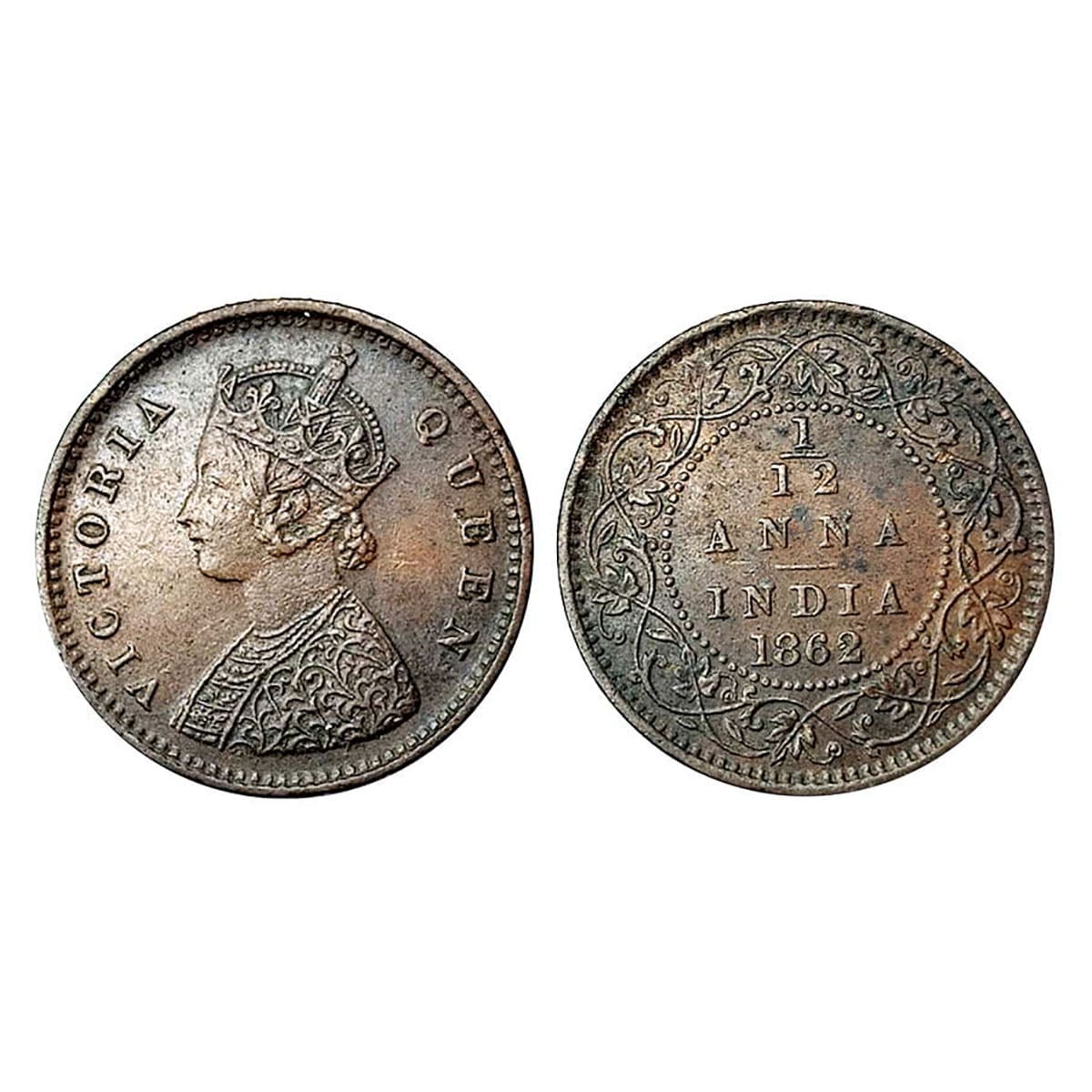 Victoria Queen, 1/12 Anna, Copper, 1862. About Extremely Fine....