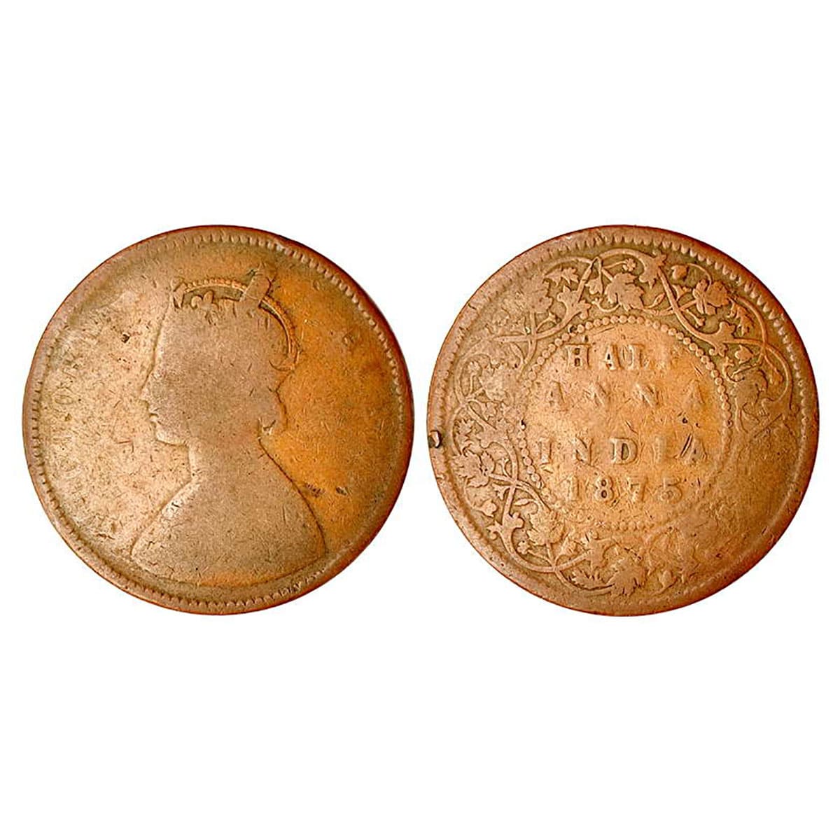 Victoria Queen, ½ Anna, 1875, Calcutta Mint, Obv. B and Rev. II type (GK# 818). Copper, 12