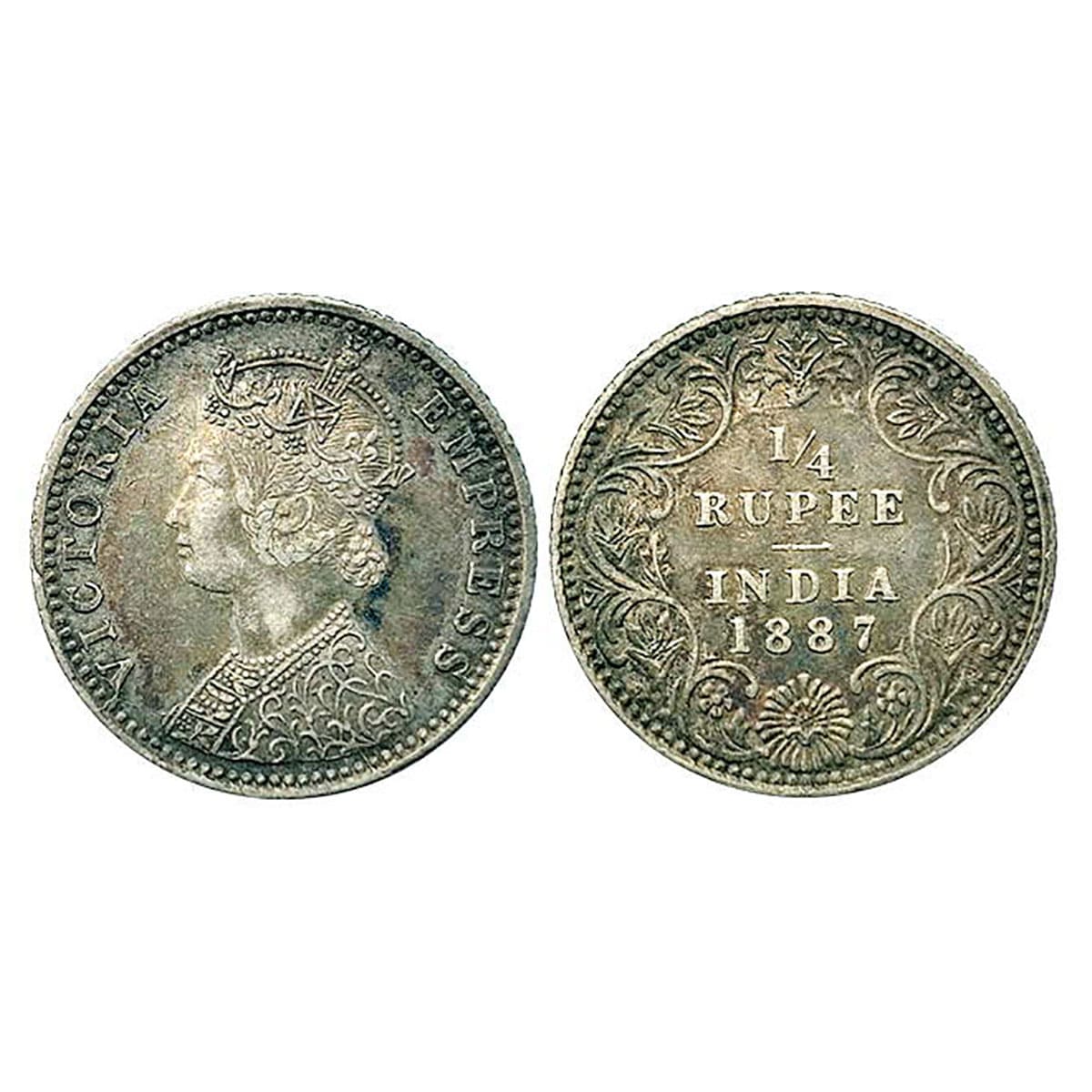 Victoria Empress, Silver, ¼ Rupee, 1887, B Raised, Bombay mint. UNC with toning, Rare. ...